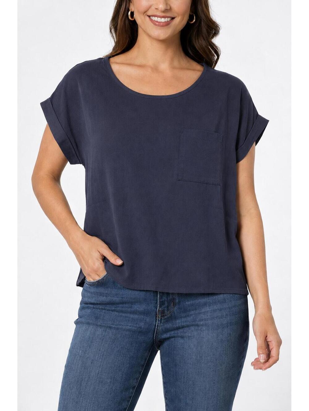 NWT Six/Fifty Navy Blue Short Sleeve Pocket Back Blouse Size Small